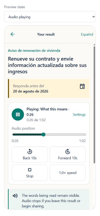 Pictalect audio player with playback position, back, forward, stop, and speed controls
