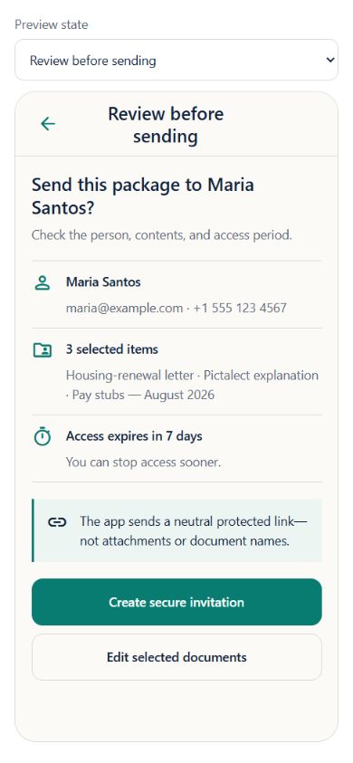 Pictalect review screen showing selected items, seven-day access, and secure invitation