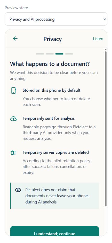 Pictalect privacy screen explaining phone storage, temporary analysis, and deletion
