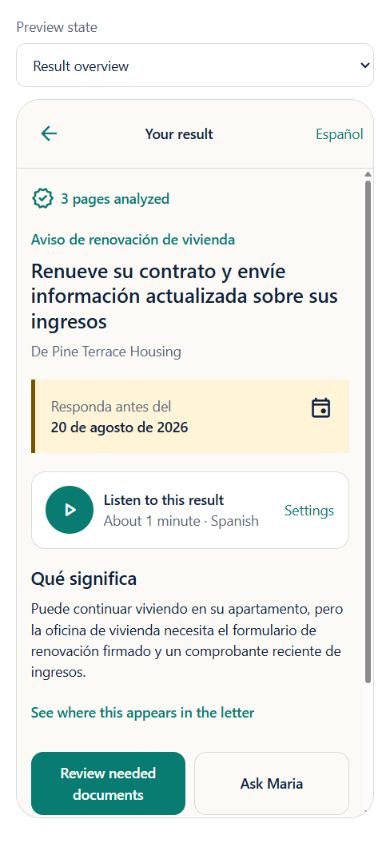 Pictalect result showing a translated housing notice, deadline, explanation, listening option, and Ask Maria button