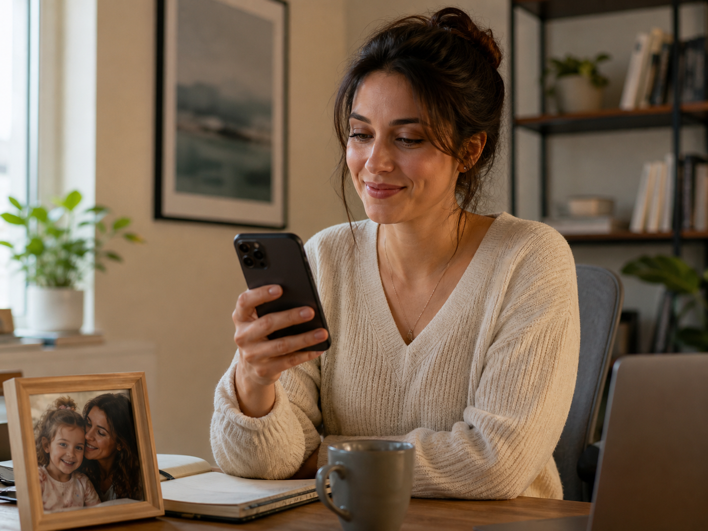 The child, now an adult, receiving a secure Pictalect help request from her mother