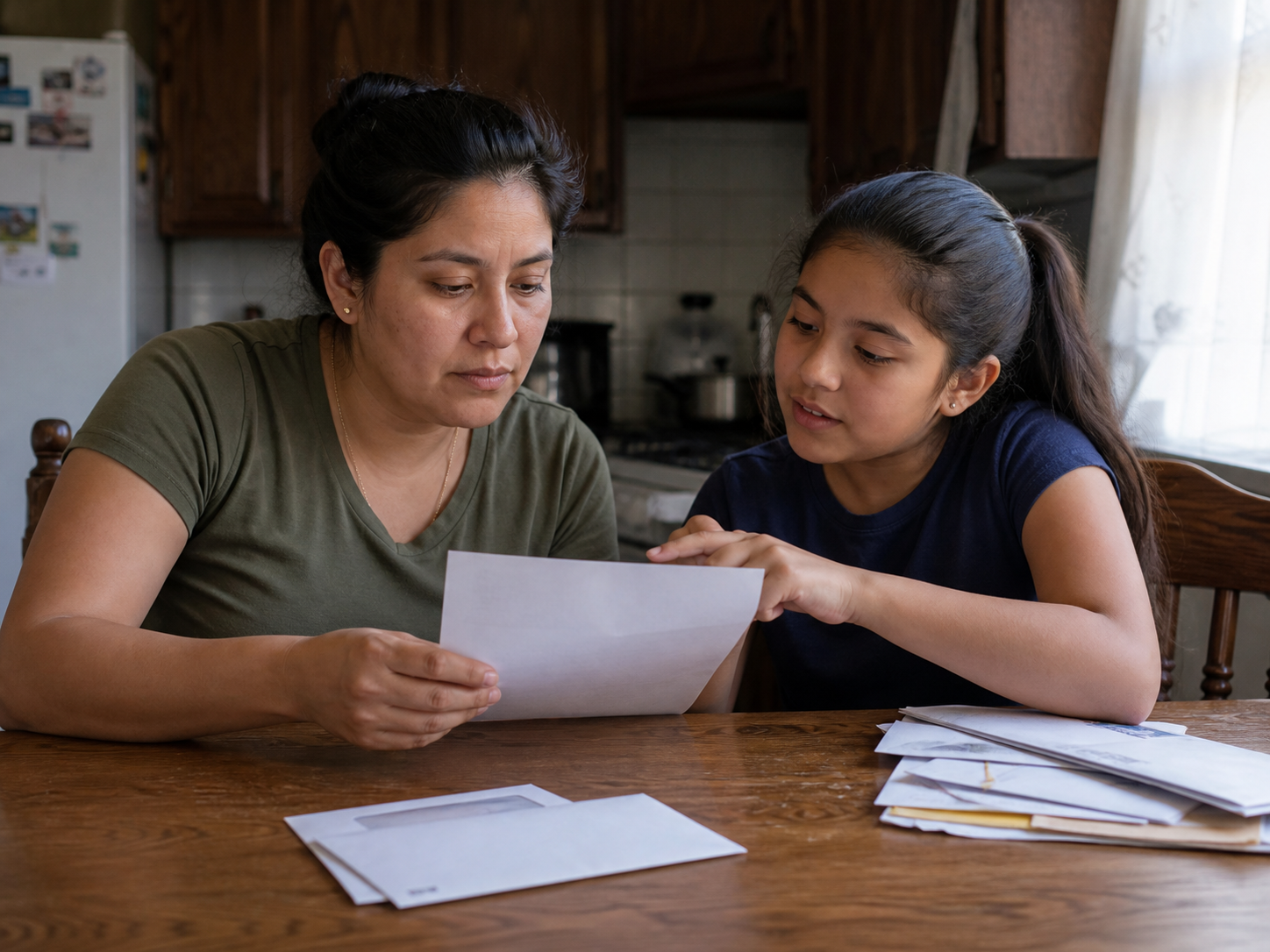 A young child helping her mother understand an important letter