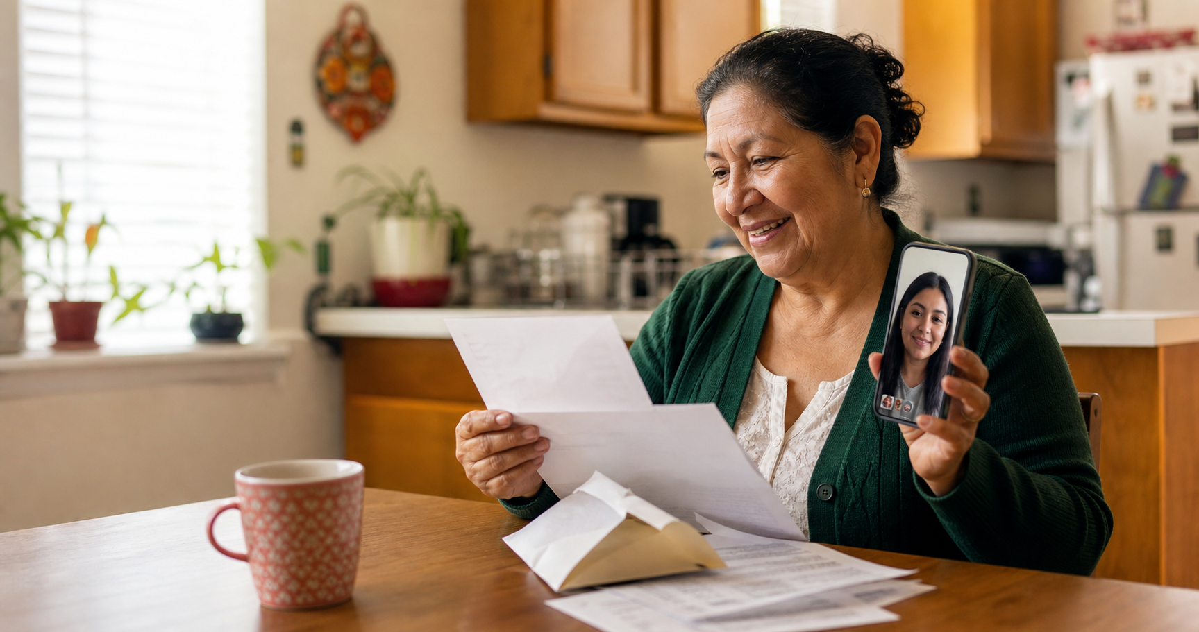 A mother reading a letter while connected with her daughter by phone